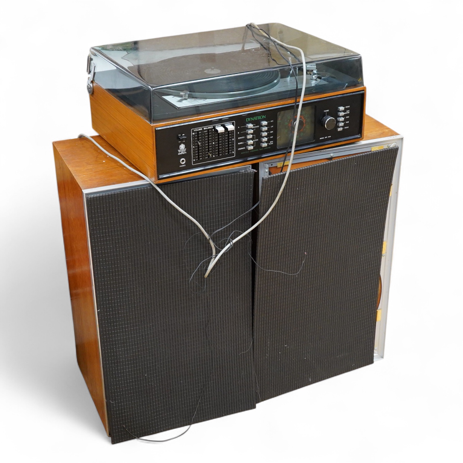 A Dynatron Goldring GL78 turntable with integral amplifier and tuner, made in Switzerland, together with a pair of Leak Sandwich 600 stereo speakers in teak cabinets, 65cm high